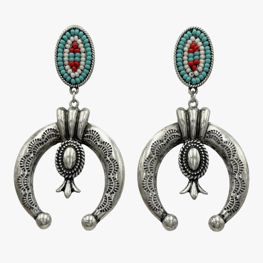 Western Squash Blossom Silver Tone Statement Drop Earrings Boho Fiesta Style